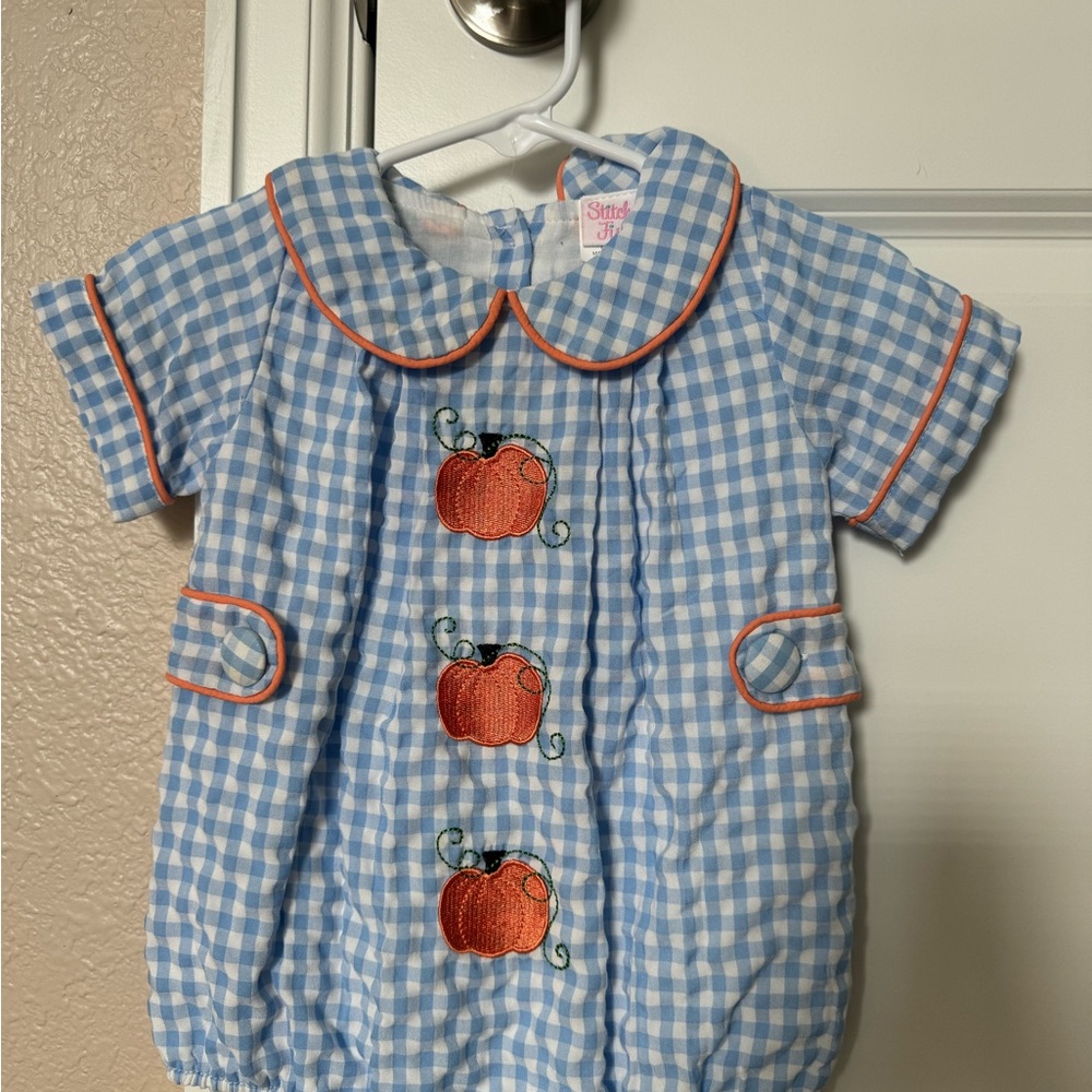 Blue Gingham Kids One Piece with Pumpkin Embroidery